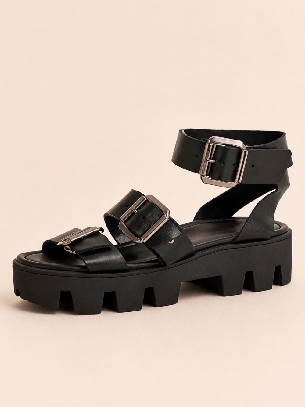 KOKKA Black Leather Platform Sandals Buckle Strap Chunky Lug Sole EU 40/US 8.5–9